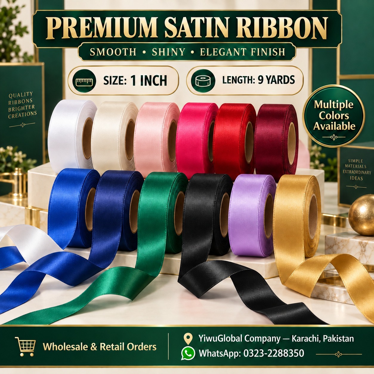 Premium Satin Ribbon – 1 Inch x 9 Yards (10 Roll Pack)