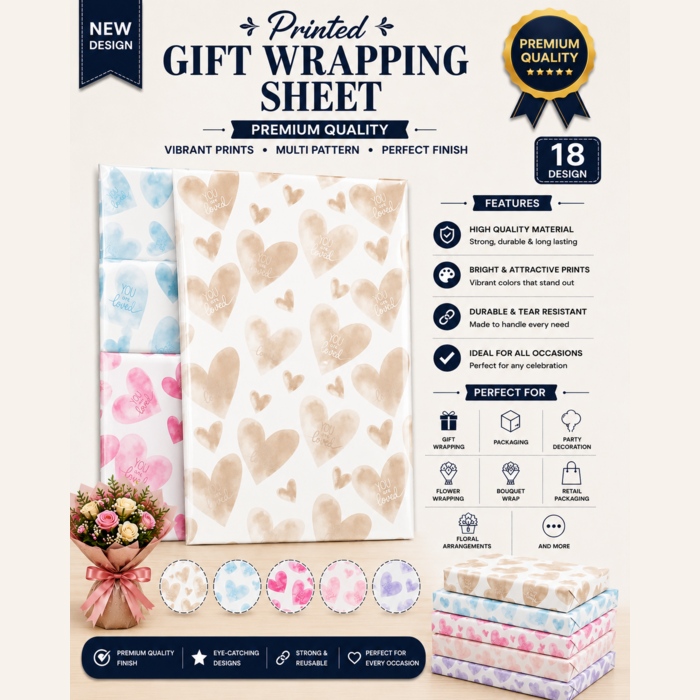 Printed Heart Colour Gift Flower and Booked Wrapping Sheet
