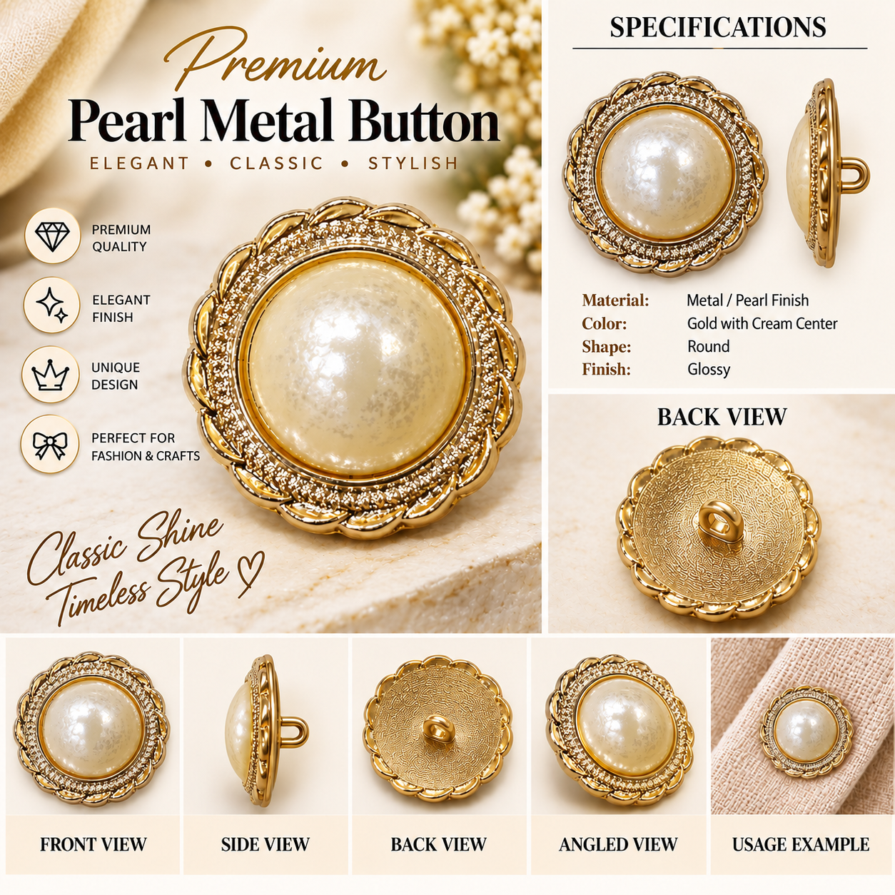 Premium Pearl Metal Button – Gold & Cream.