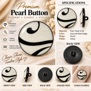 Premium Pearl Button – Ivory with Black Design