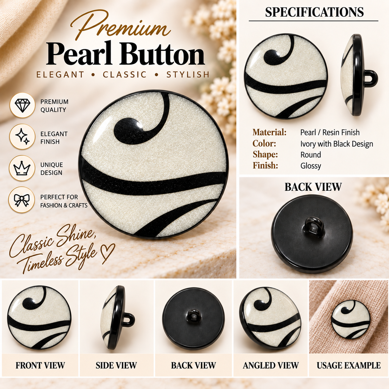 Premium Pearl Button – Ivory with Black Design