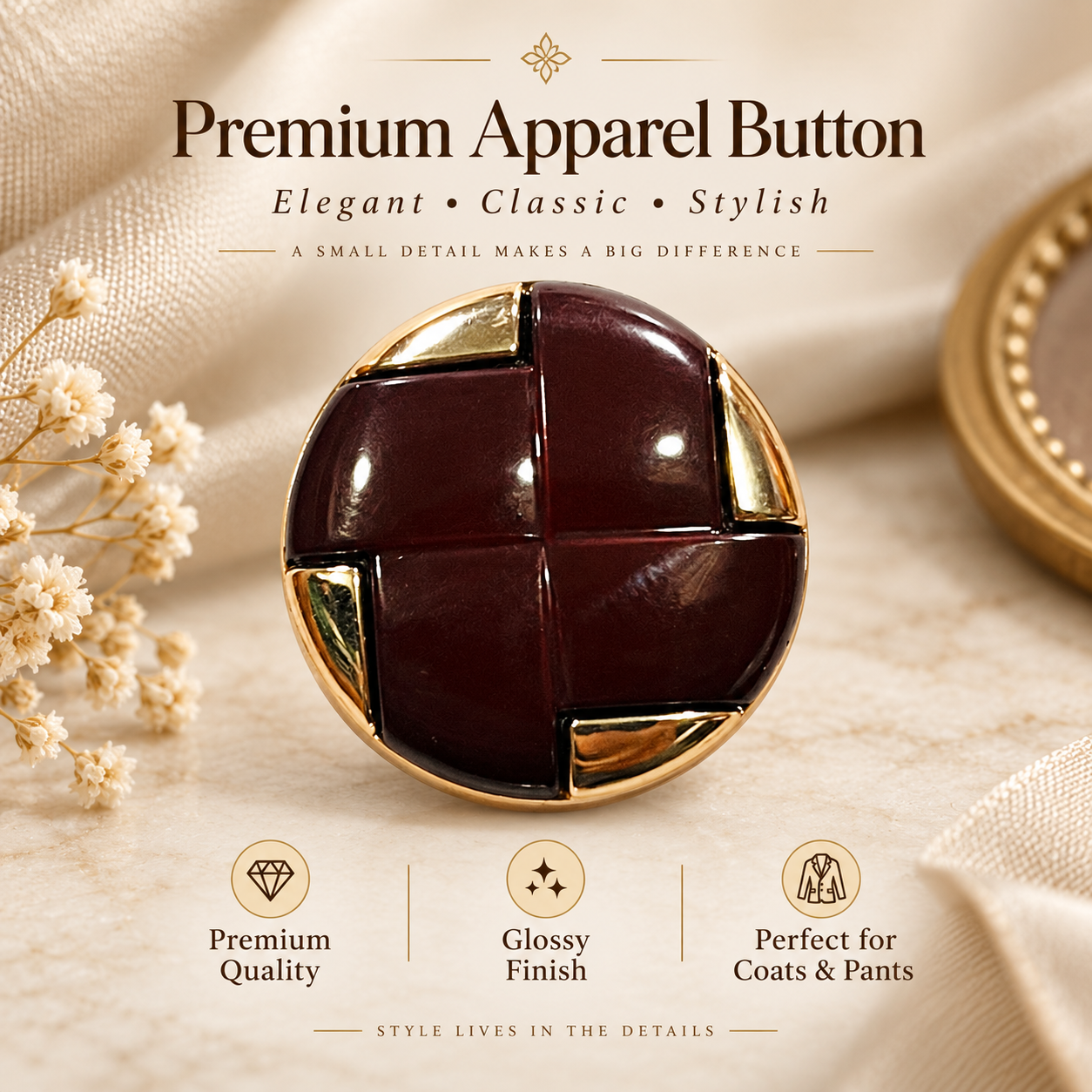 Premium Brown Mosaic Button – Gold Accent.