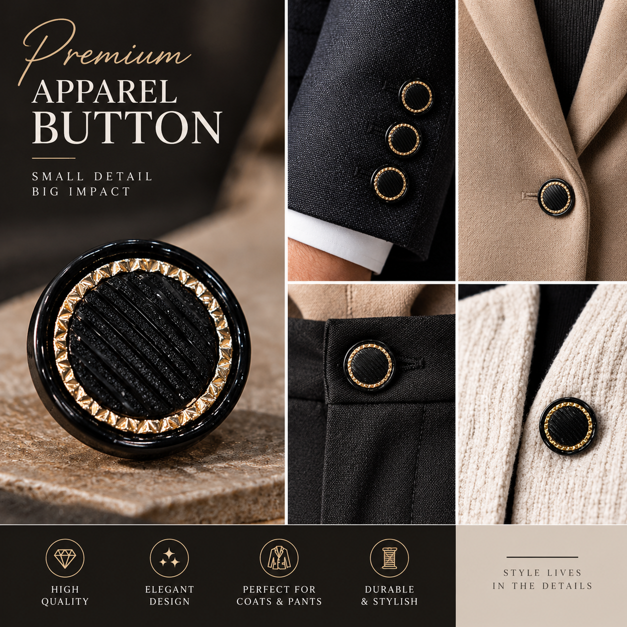 Premium Black & Gold Apparel Button
