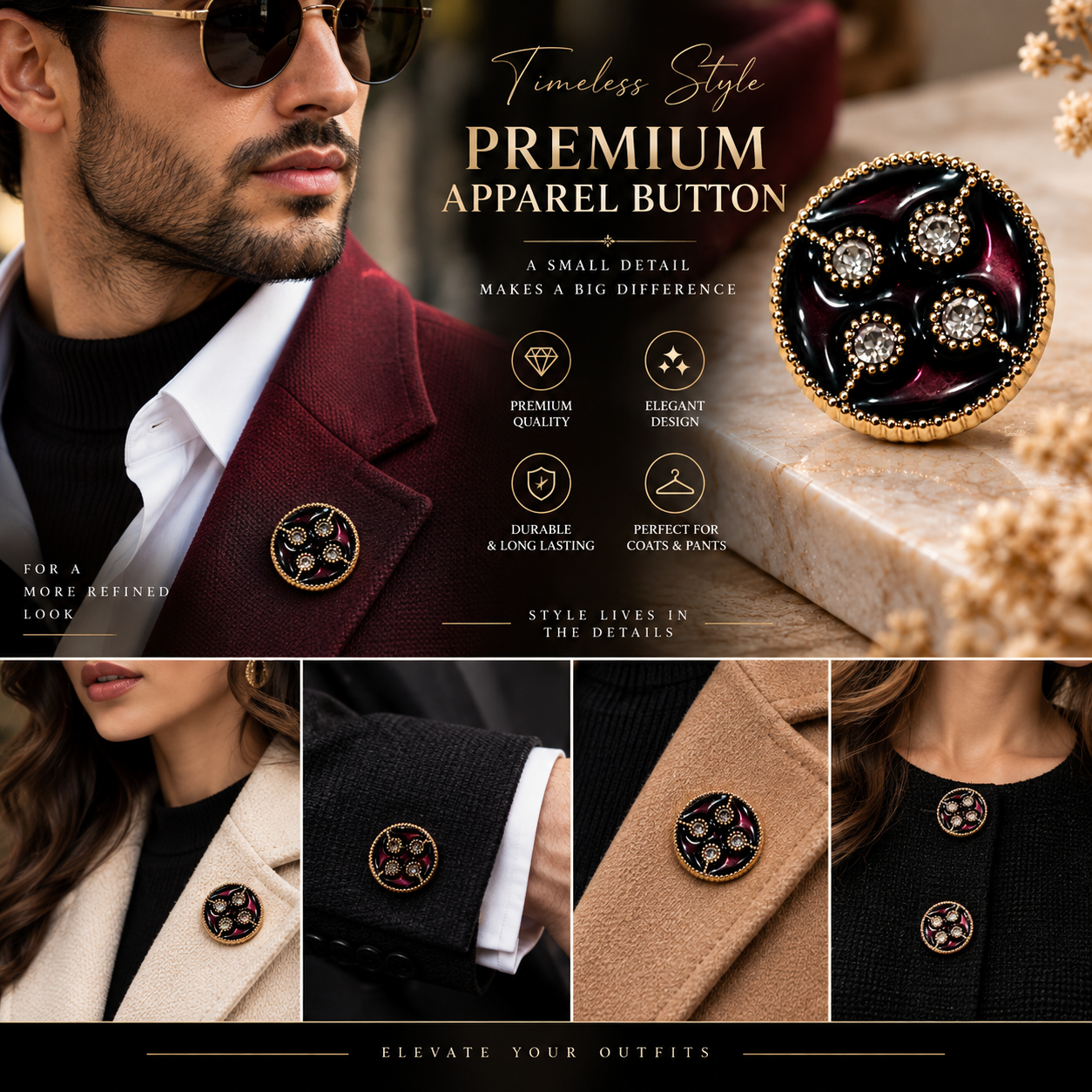 Premium Black & Gold Decorative Apparel Button.