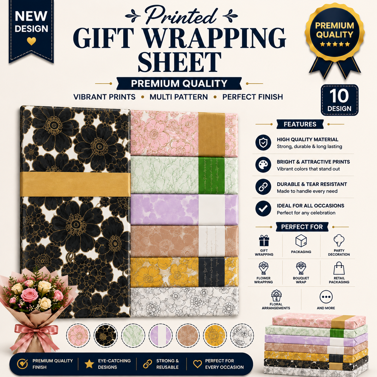 Premium Printed Gift Flower and Booked Wrapping Sheets.
