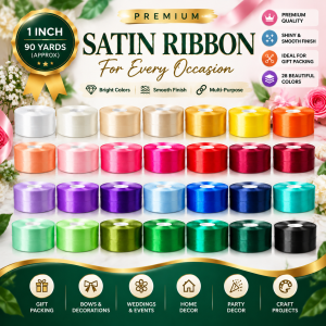 28 Colors Satin Ribbon Roll Set – 1 Inch Width, 90 Yards Each Roll