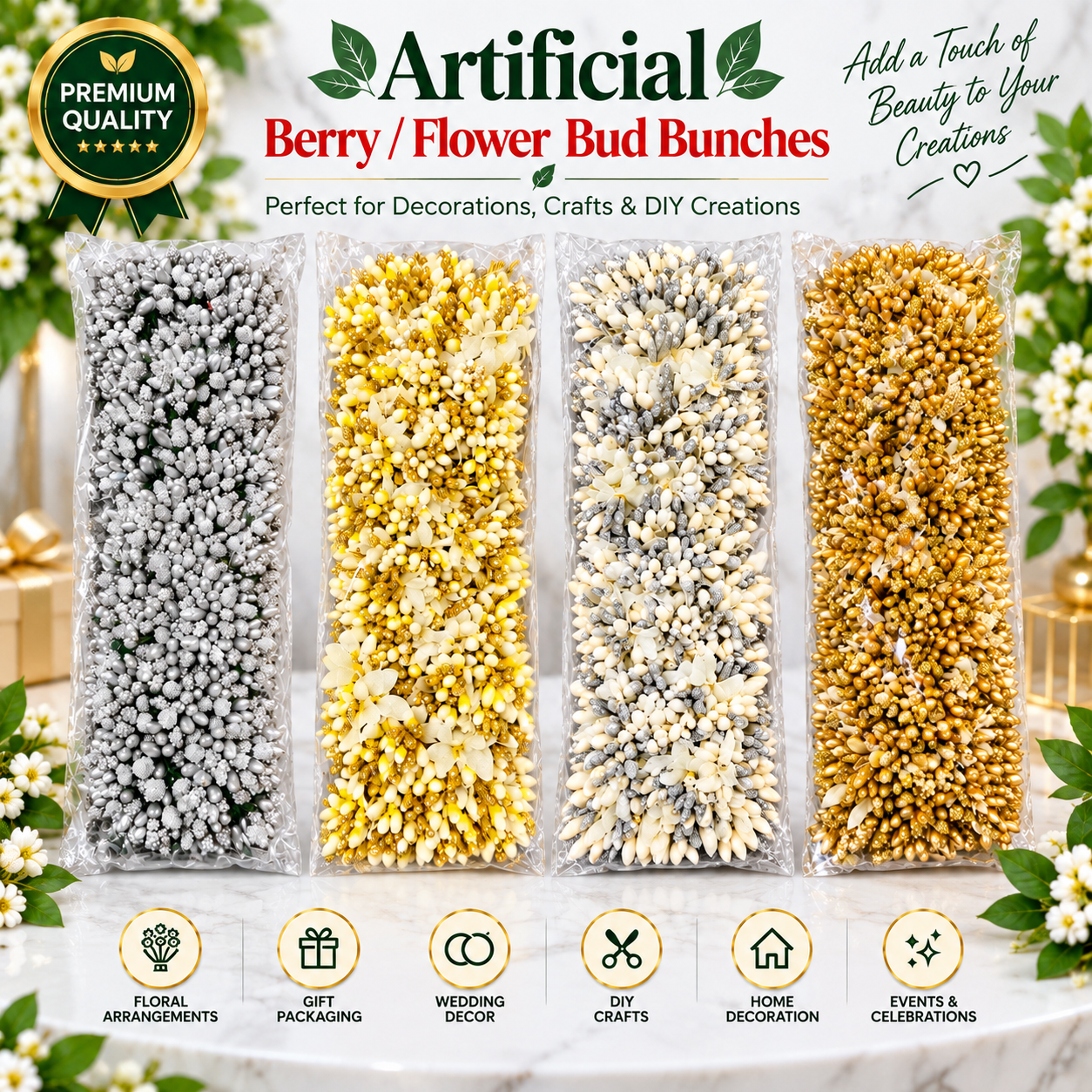 Artificial Decorative Berry & Flower Bud Bunches