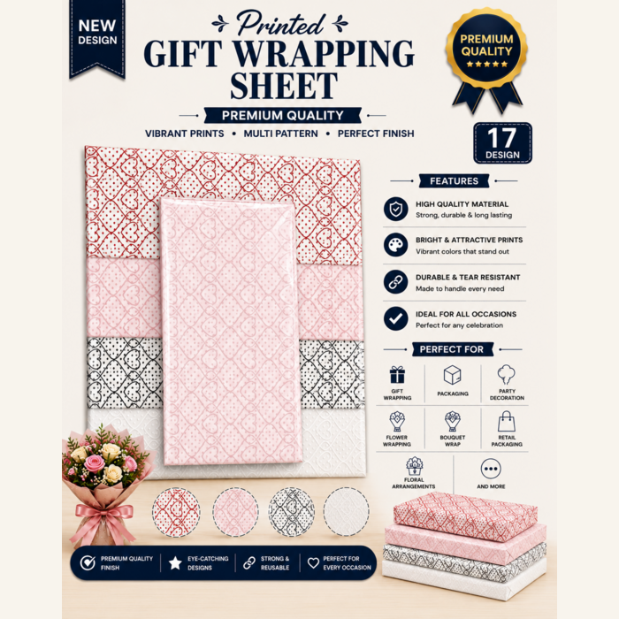 New Heart Printed Gift Flower and Booked Wrapping Sheet.
