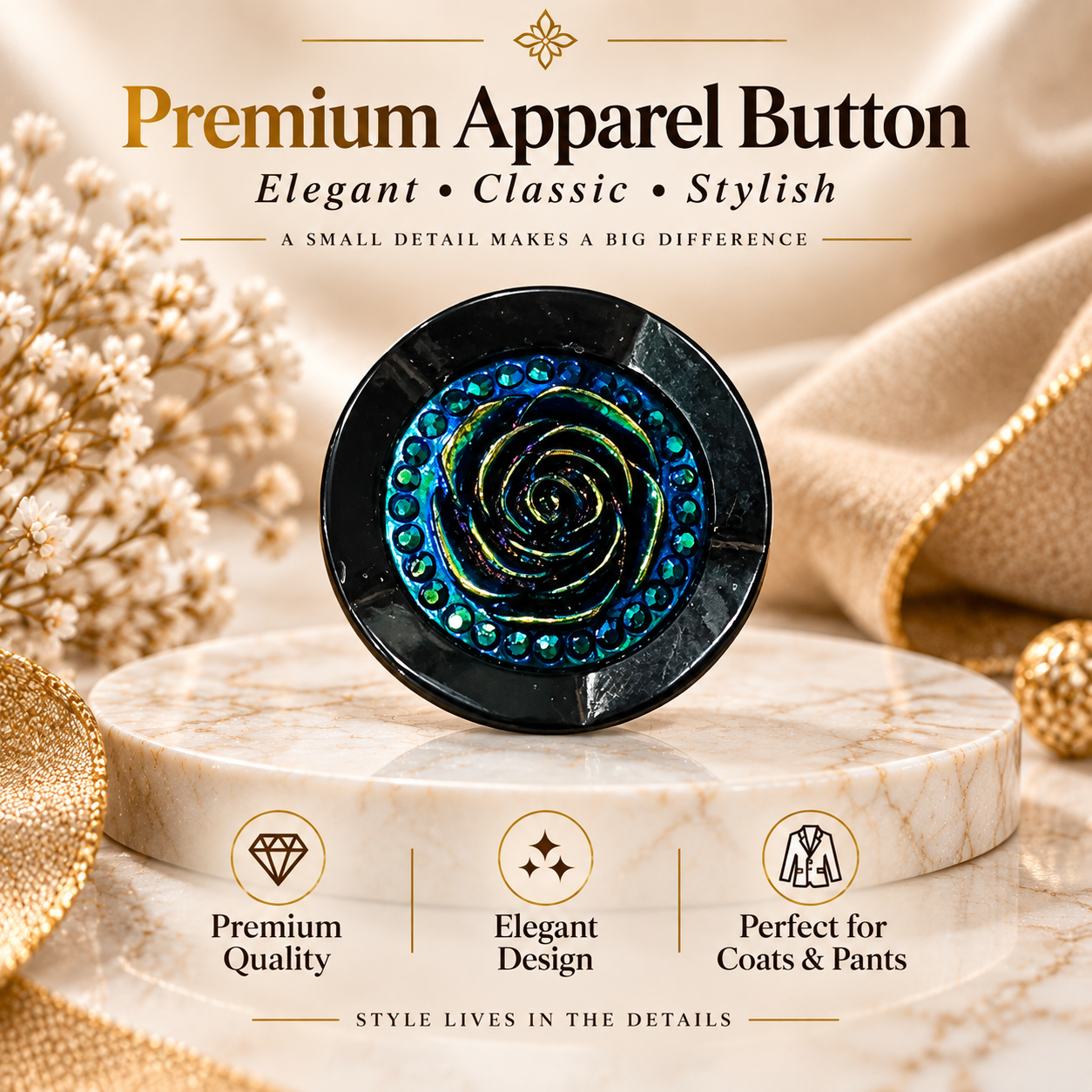 Premium Black – Elegant Spiral Design Button.